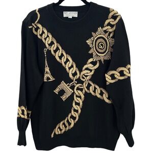 St. John Santana Knit Marie Gray Black Gold Chain Eiffel Tower Sweater Womens L